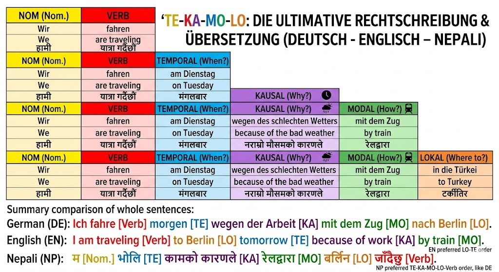 TE-KA-MO-LO structure chart for German-English-Nepali sentence order